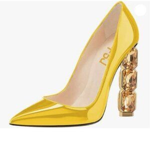 FSJ Women Jeweled High Heel Pointed Toe Pump Slip On Sparkling Crystal Yellow
